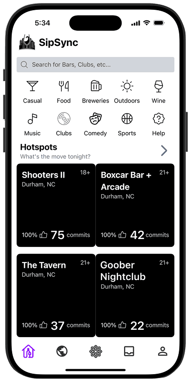 SipSync home screen