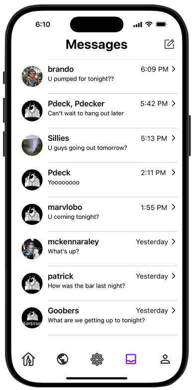 SipSync messaging inbox screen